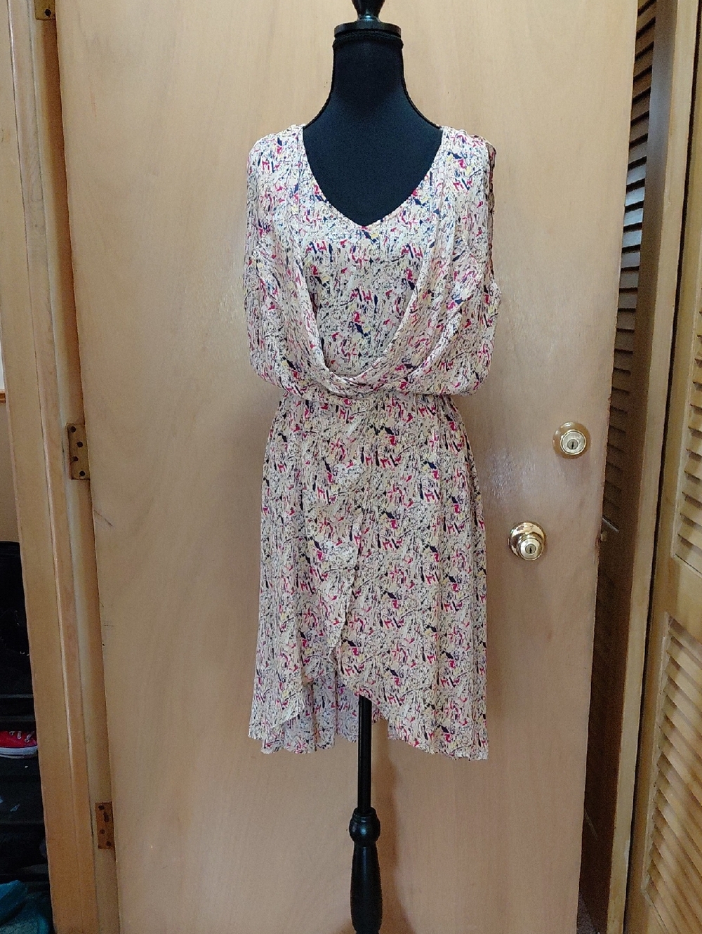 Draped V-Neck Midi Dress in Soft Pink Floral